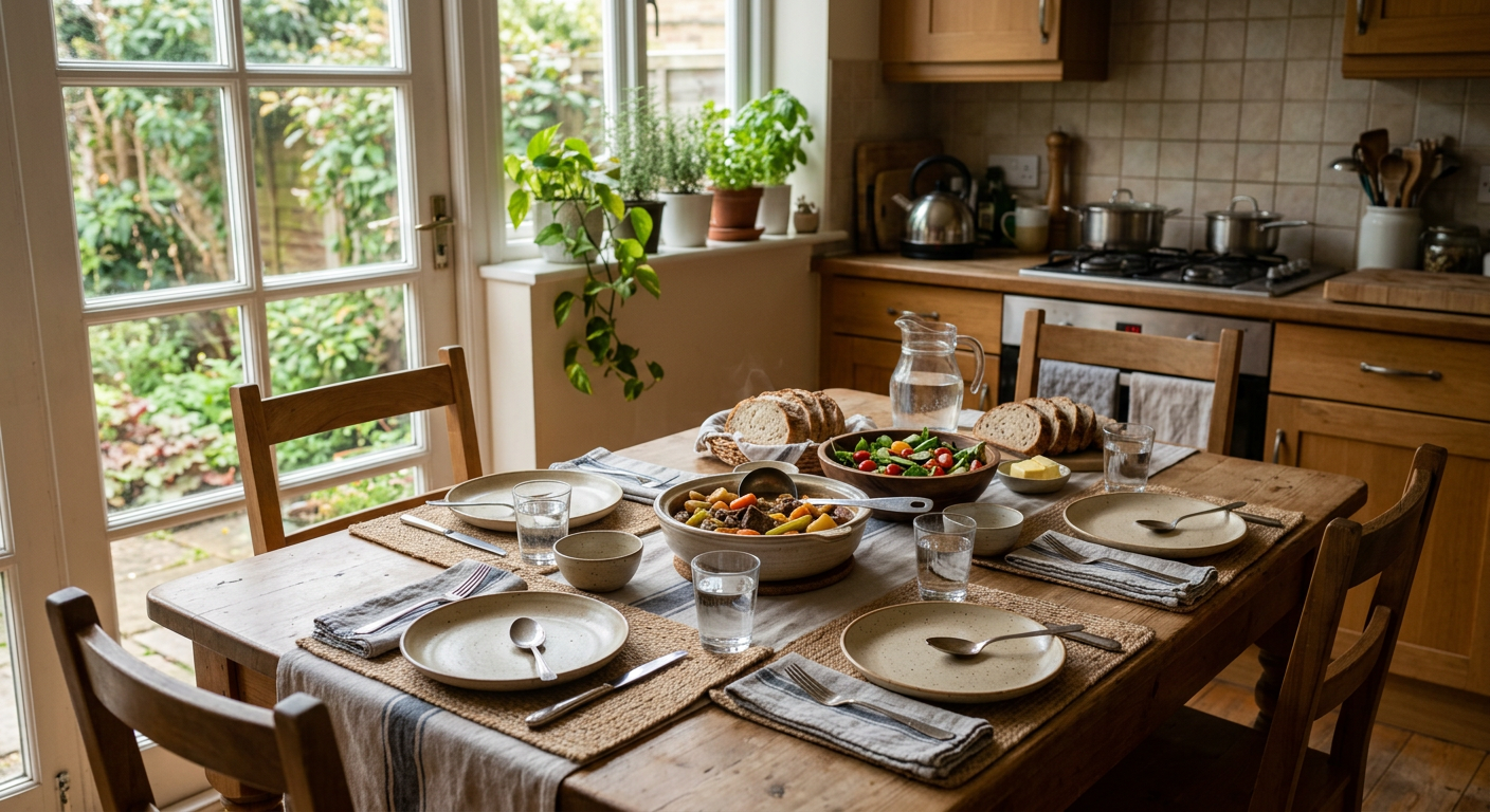 Small home-style dining table set for three with home-cooked food