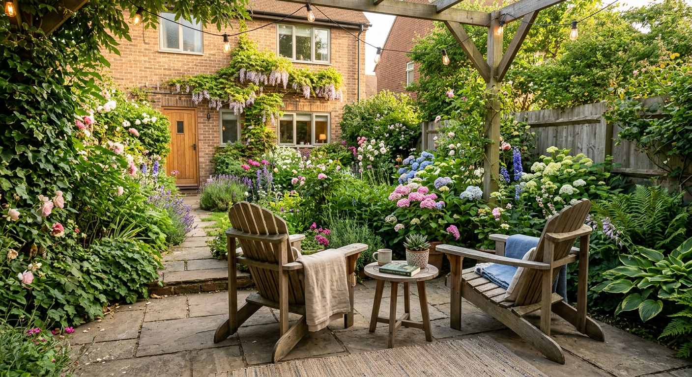 Small, peaceful backyard garden patio with seating