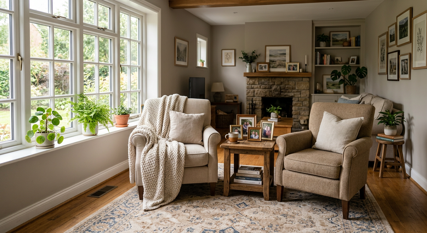 Cozy, home-like living room with comfortable armchairs and warm natural light