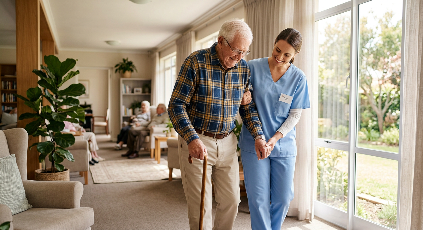 A caregiver helping a resident with daily routines in a warm home setting